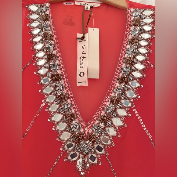 Watermelon pink shirt with beading and mirror work - Picture 4 of 5